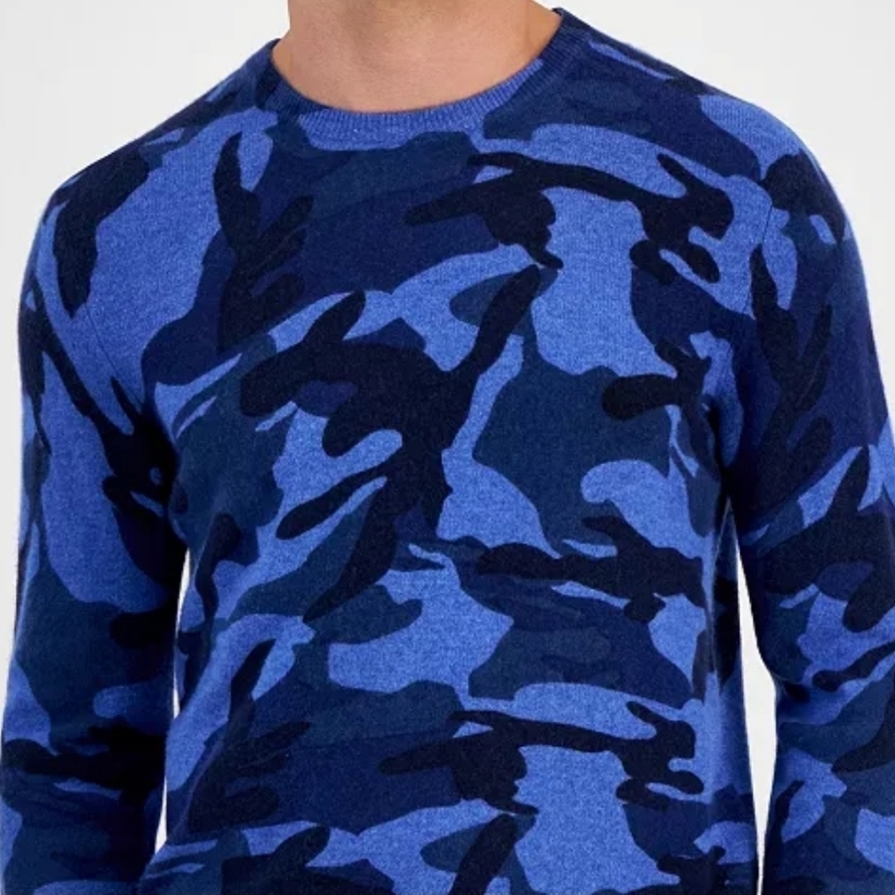 Club Room Men's Printed Camo Cashmere Sweater Size Large Navy Blue Combo